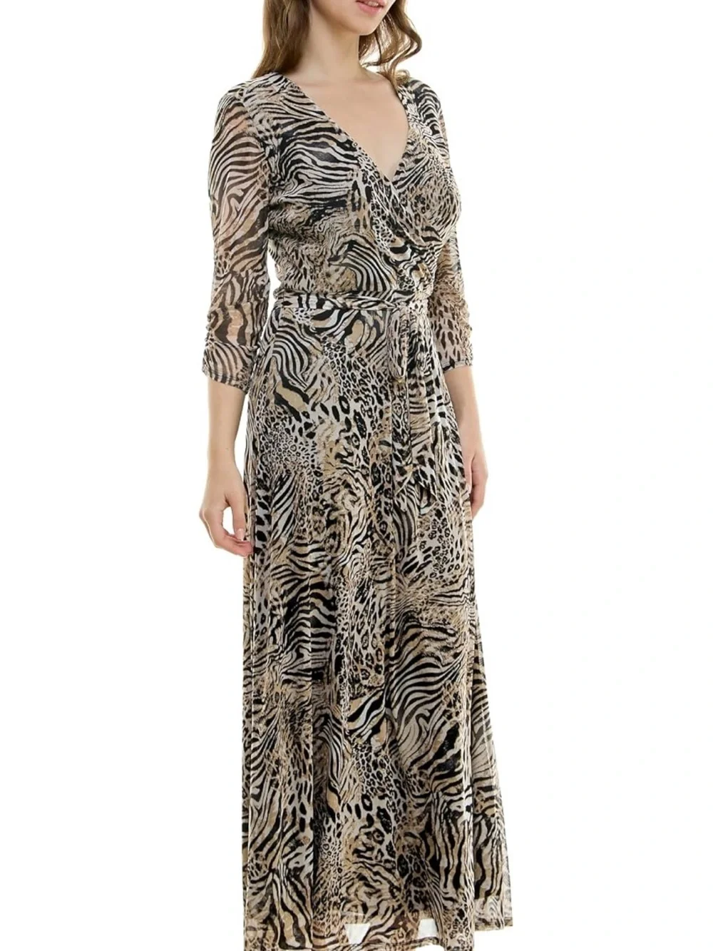 Wrap Maxi Dress in Beige & Black Animal Print with Tie Waist